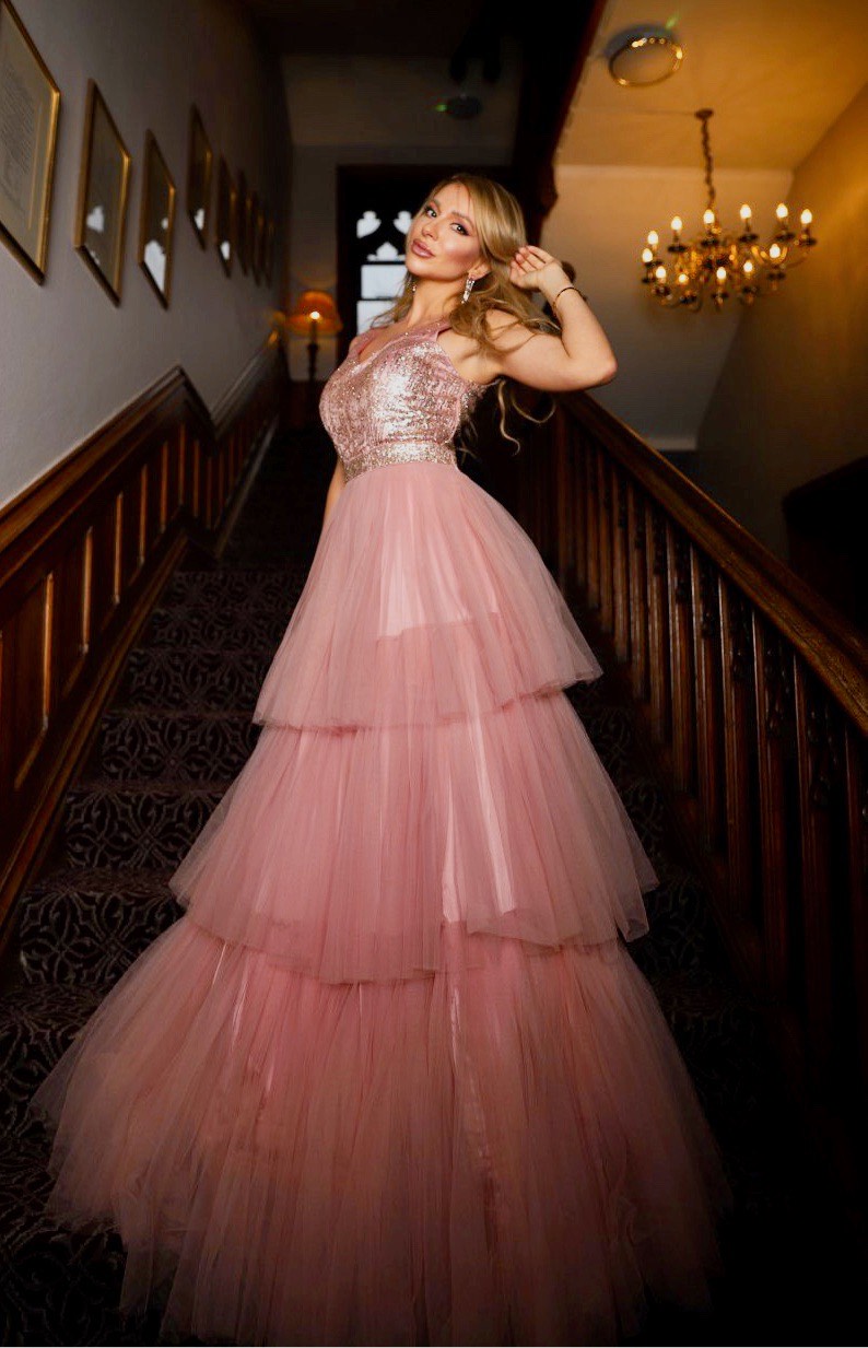 fitted lace wedding dress Light pink, embellished (3-tier) Flare gown fitted lace wedding dress Light pink, embellished (3-tier) Flare gown